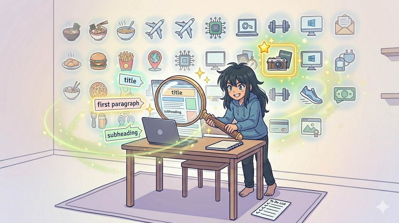 Anime style character with magnifying glass and keyword tags – basic SEO for new bloggers