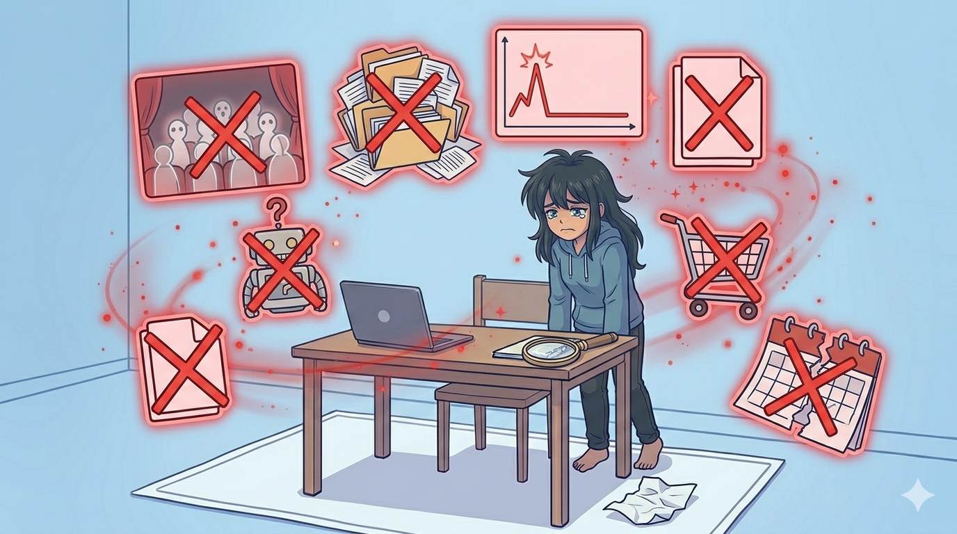 Anime sad blogger surrounded by 7 warning icons – common mistakes new bloggers make