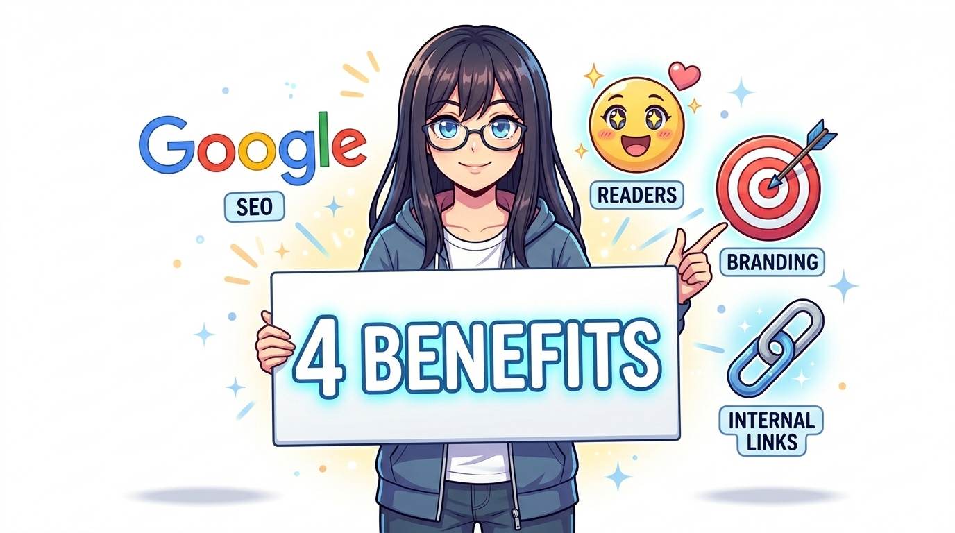 Anime confident blogger with 4 benefit icons – why blog categories matter for SEO and readers