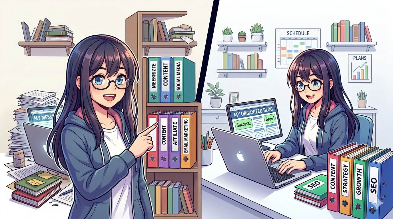 Anime cheerful blogger pointing at labeled folders on a bookshelf – blog categories explained