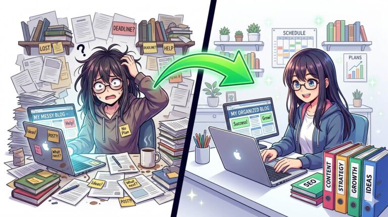 Anime style split scene: messy blog vs organized blog with folders – what are blog categories