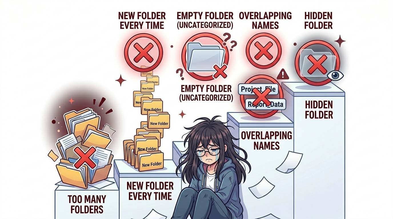 Anime sad blogger surrounded by warning icons – common blog category mistakes to avoid