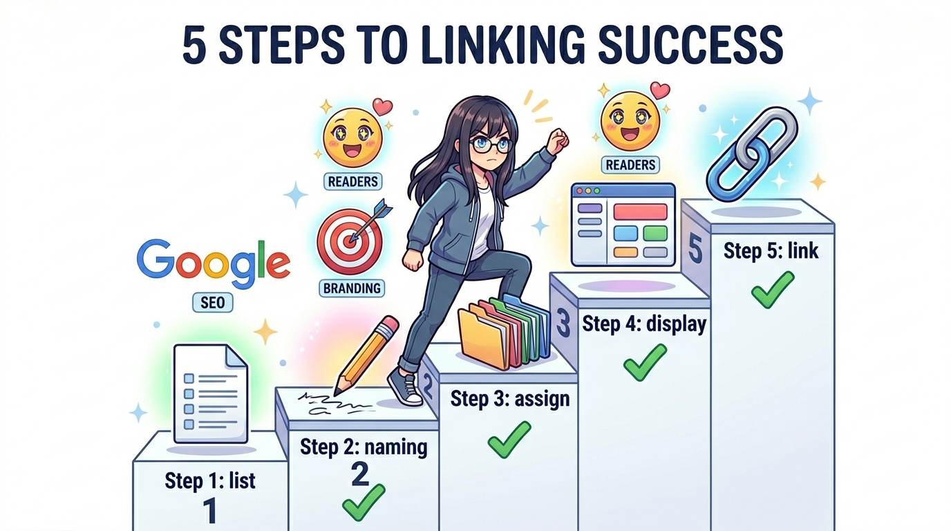 Anime character climbing 5 steps – how to create blog categories step by step