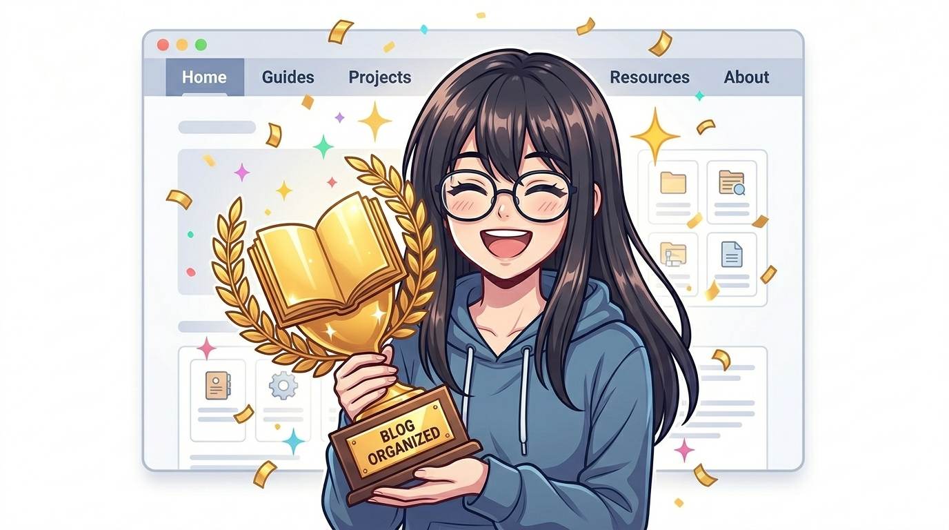 Anime happy blogger celebrating organized blog with trophy – success after adding blog categories