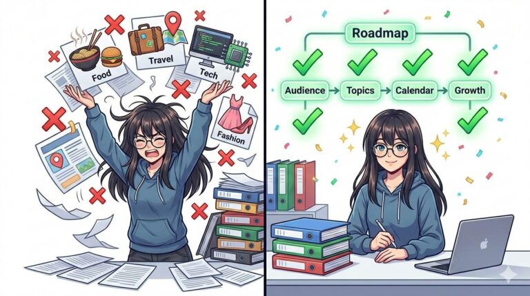 Anime style comparison: random blogging with red X vs strategic blogging with roadmap – blog content strategy