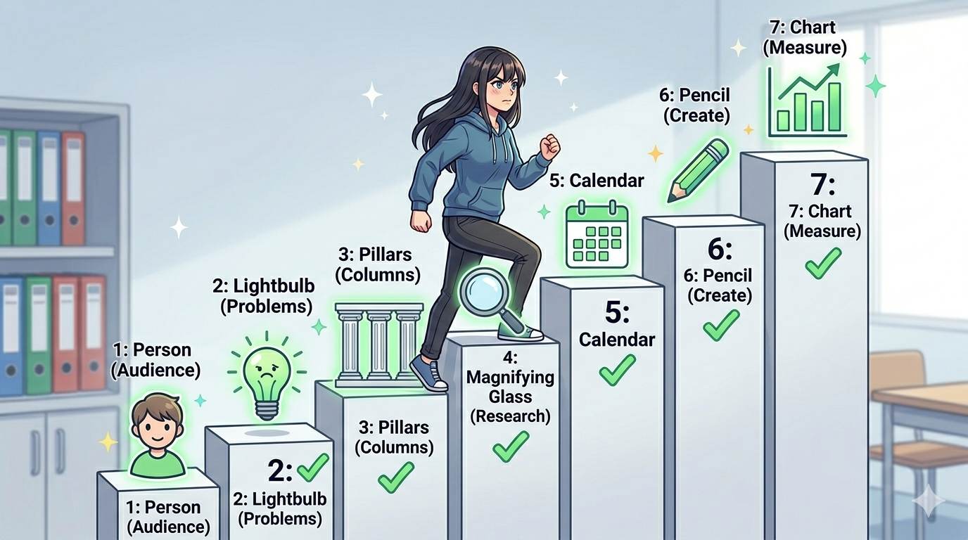 Anime character climbing 7 steps β 7-step framework to build a blog content strategy