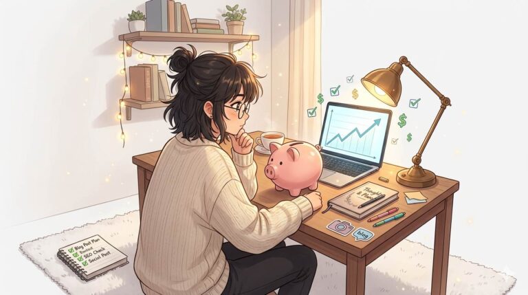 Anime style blogger looking at piggy bank and growing graph – blog monetization truth