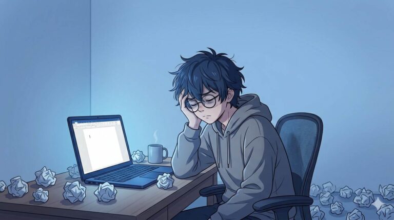 Anime style frustrated writer with crumpled paper – blog writing struggles