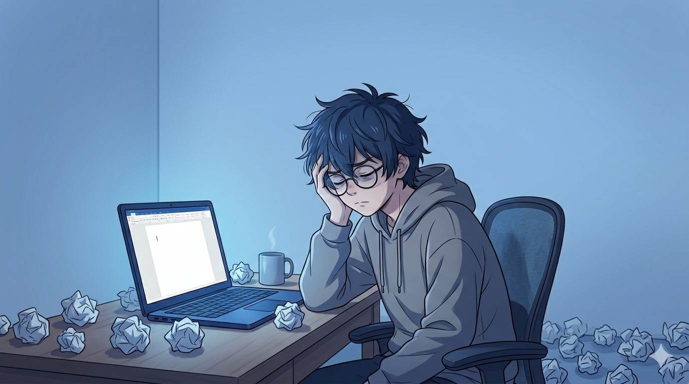 Anime style frustrated writer with crumpled paper – blog writing struggles