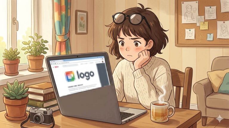 Anime style illustration of a confused blogger looking at a blurry cropped logo on laptop – frustrated with logo size
