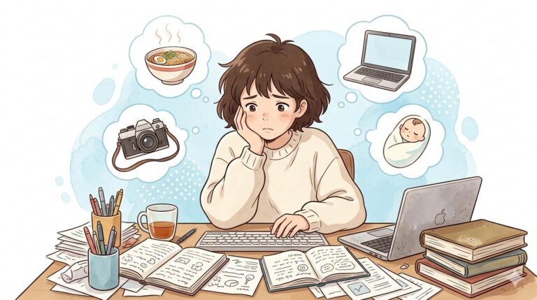 Anime style confused blogger with scattered topic icons – why niche is important