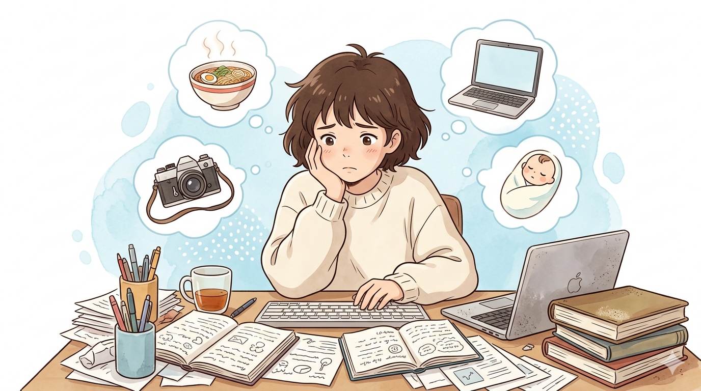 Anime style confused blogger with scattered topic icons – why niche is important