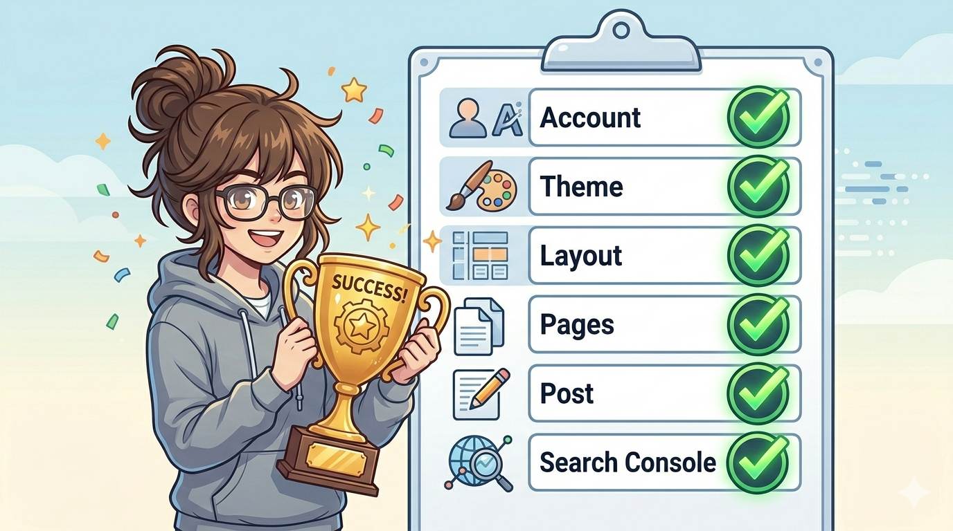 Anime style checklist with 6 items – 30‑minute Blogger launch plan