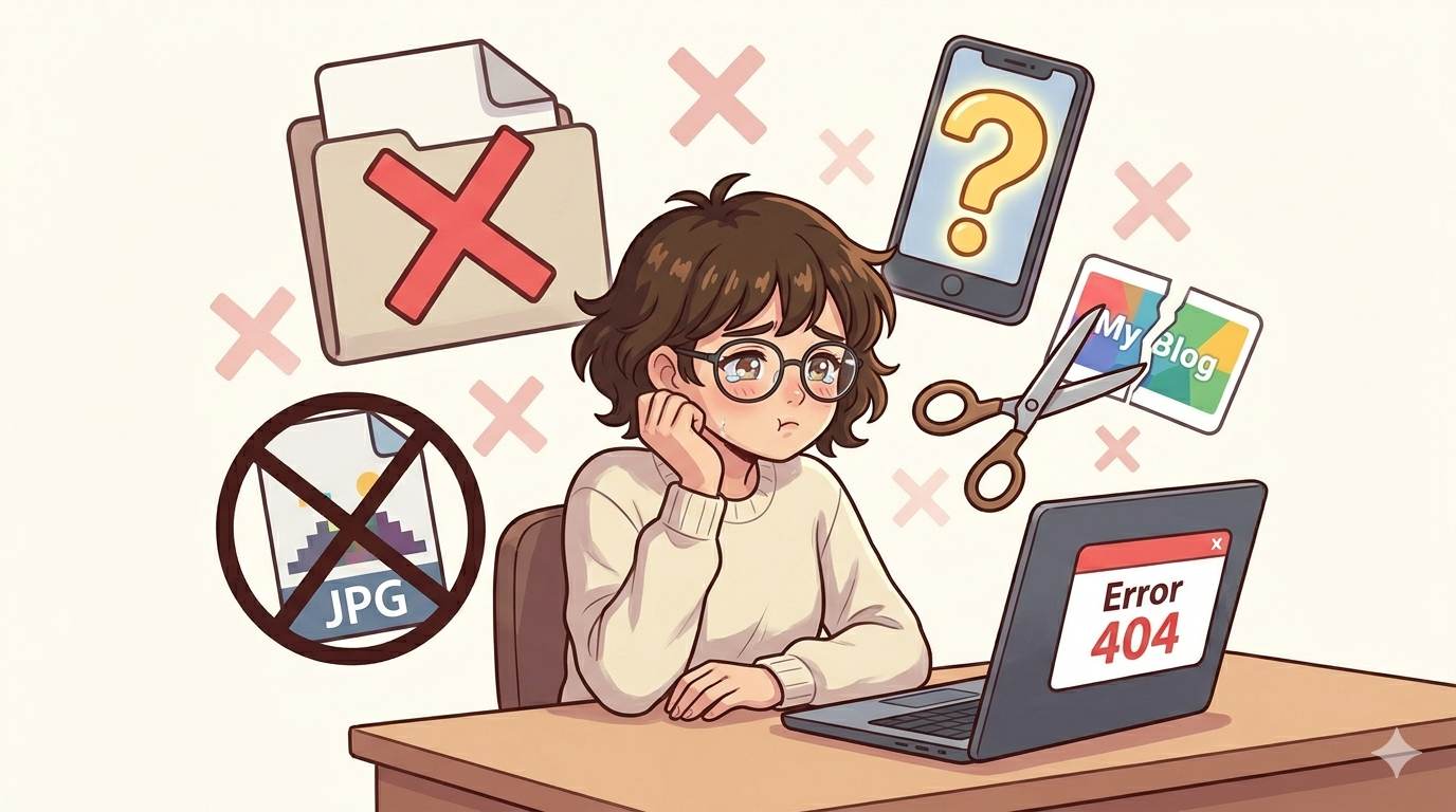 Anime style illustration of frustrated blogger with warning symbols for huge file, JPG, cropped logo, mobile issues – common mistakes