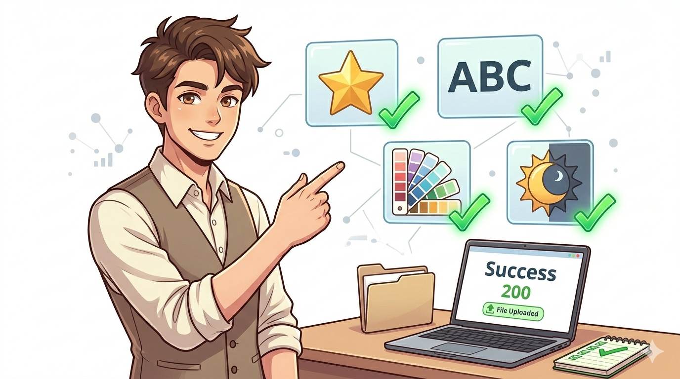 Anime style confident blogger with success icons for simple design, clear text, brand colors, and background testing – pro tips