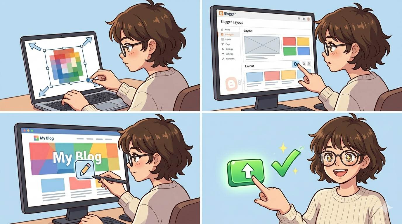 Anime style 4‑panel comic showing blogger resizing logo, opening layout, editing header, and uploading – step by step