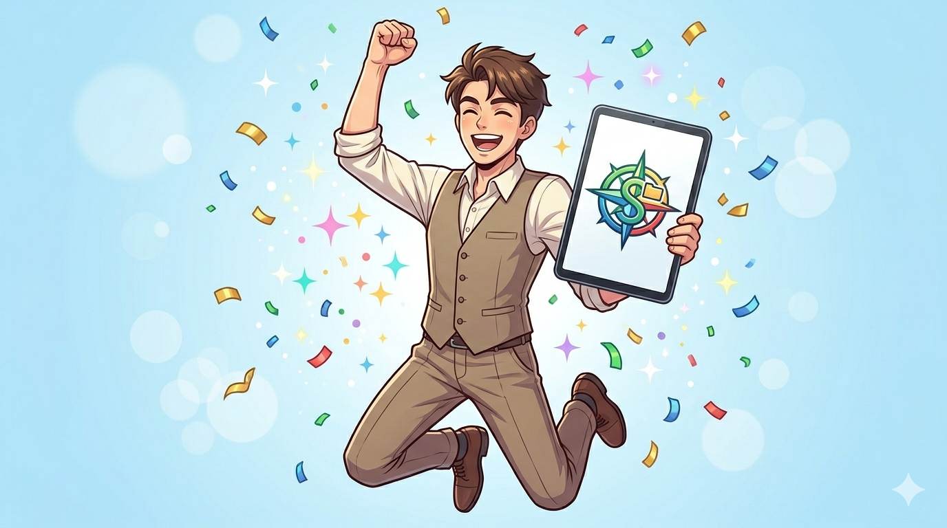 Anime style illustration of happy blogger celebrating perfect logo display on tablet – success