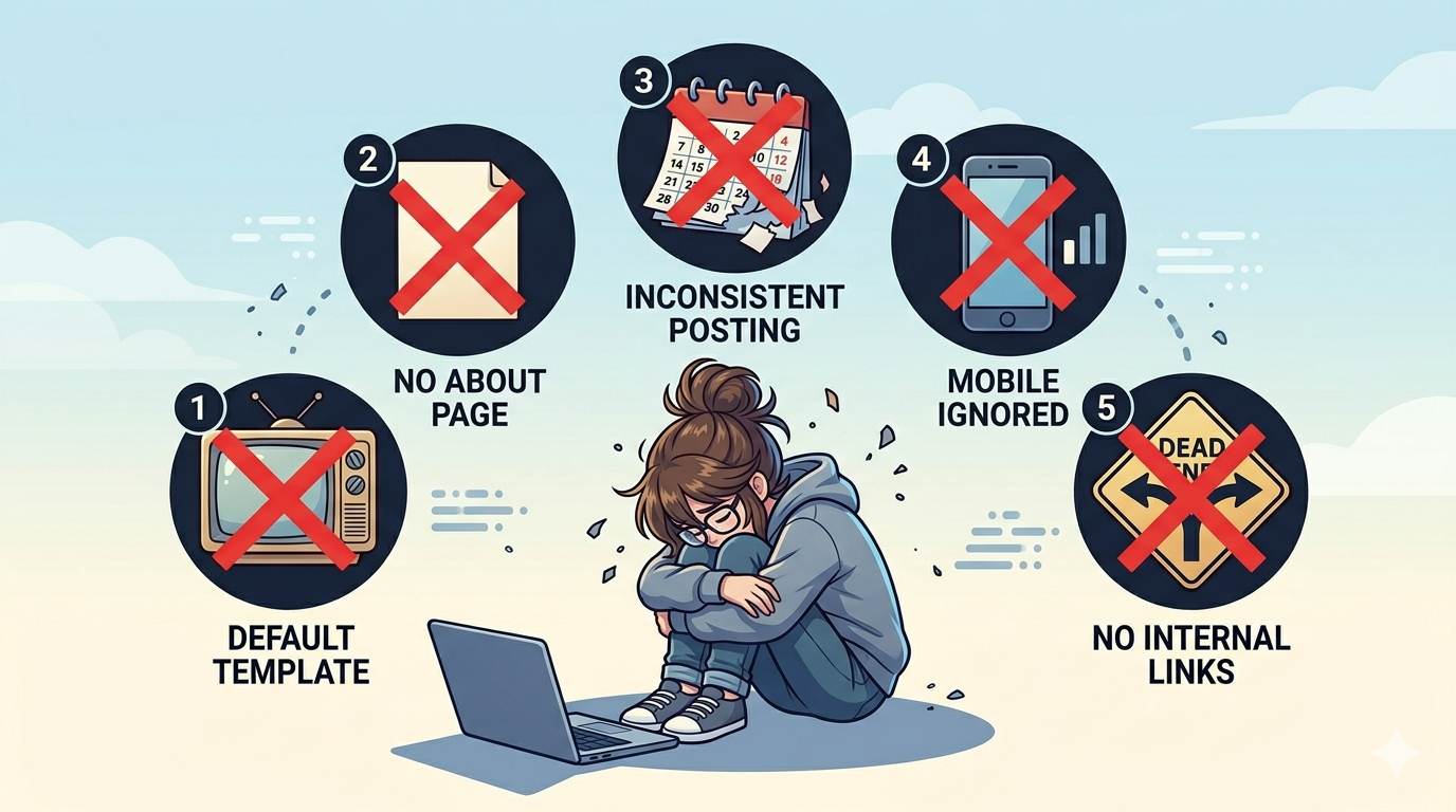 Anime style sad blogger with warning icons – common Blogger mistakes to avoid