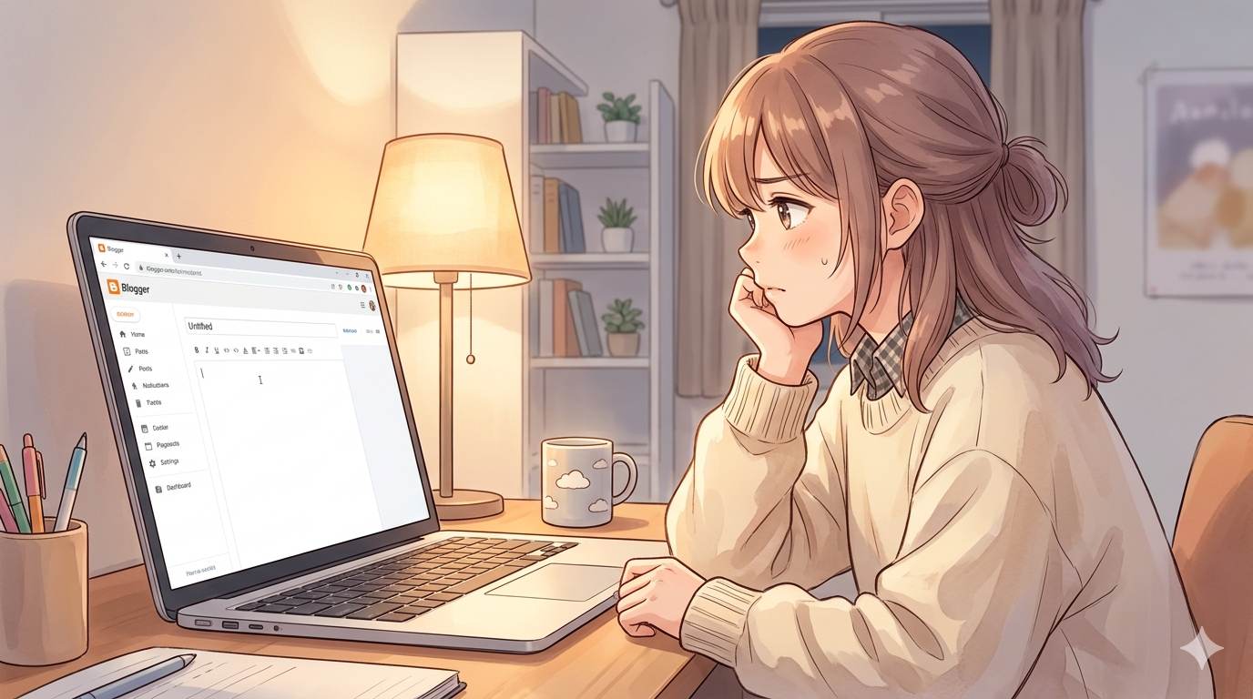 Anime style beginner staring at blank Blogger editor – first blog post anxiety