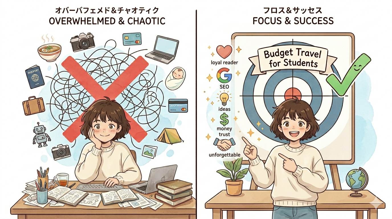 Anime confident blogger pointing at 6 benefit icons – why niche matters for SEO, trust, and money