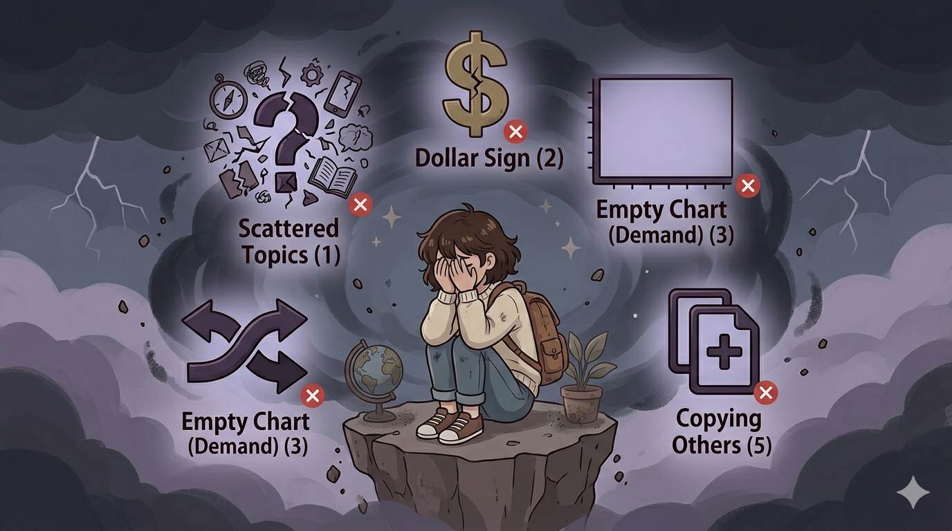 Anime sad blogger surrounded by warning icons – common niche mistakes to avoid