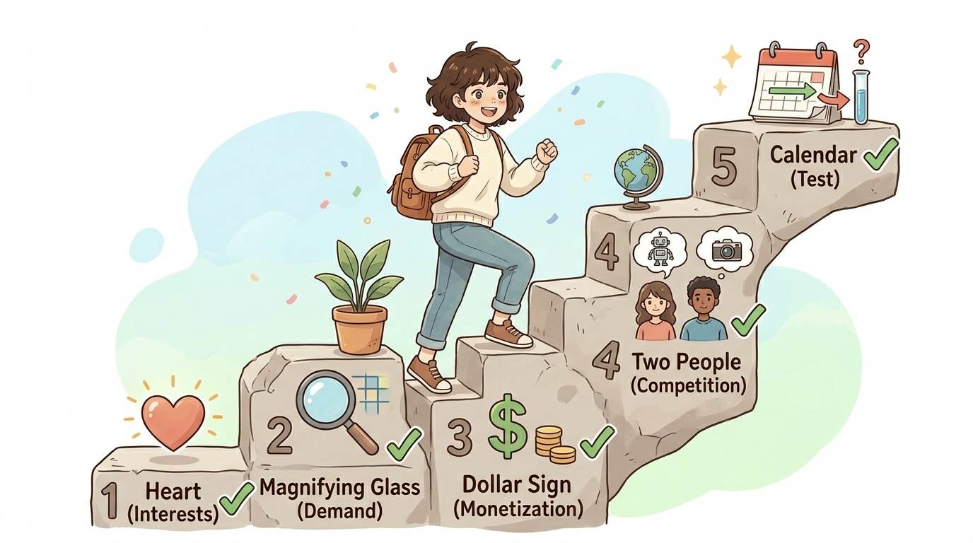 Anime character climbing 5 steps with icons – how to choose a profitable blog niche