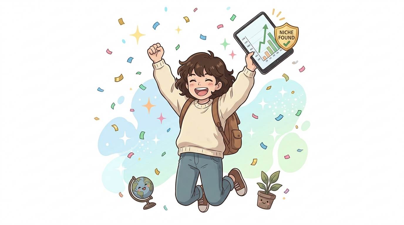 Anime happy blogger celebrating with tablet and growing chart – success after choosing the right niche