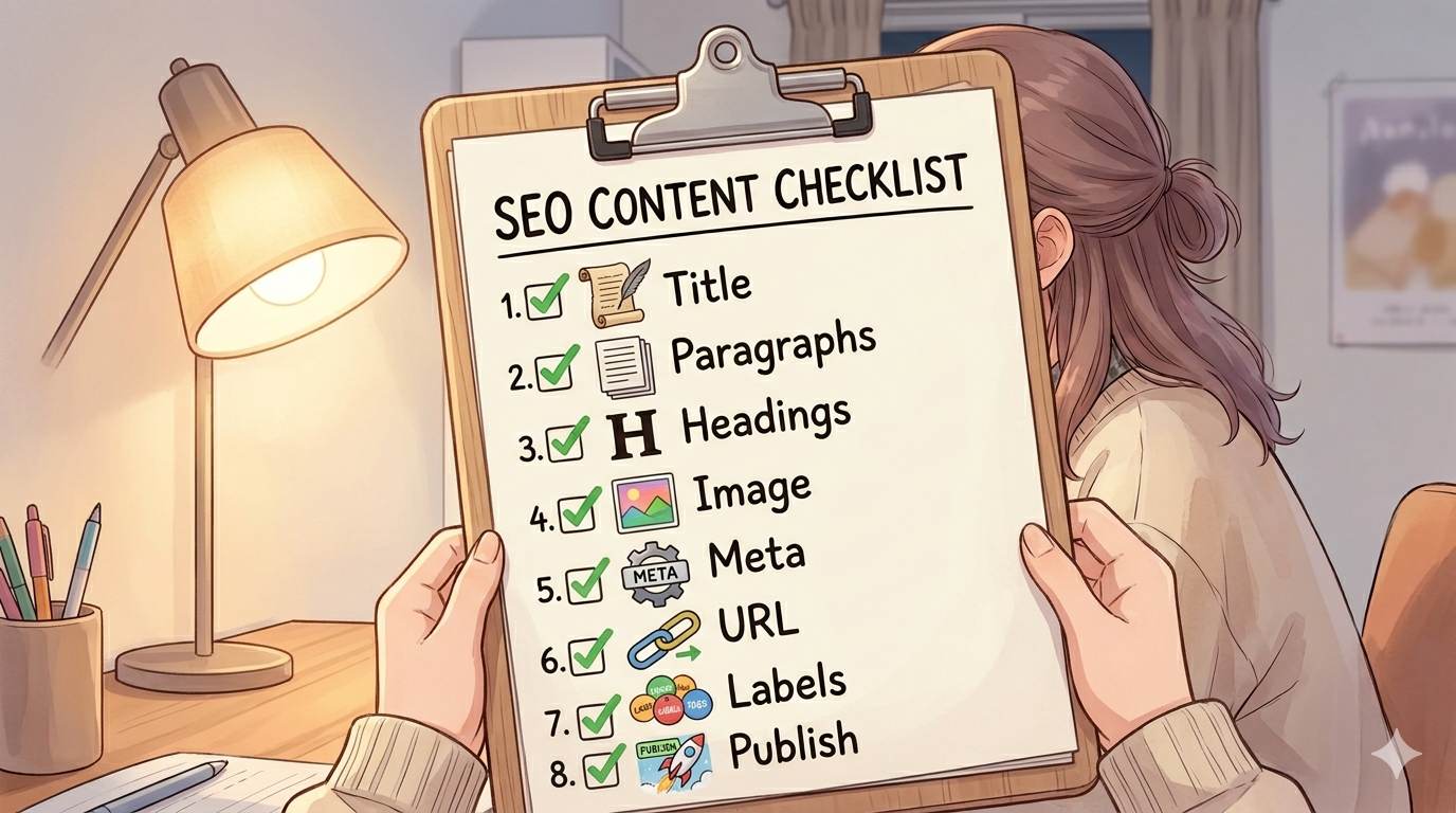 Anime style checklist for creating a Blogger new post – step by step