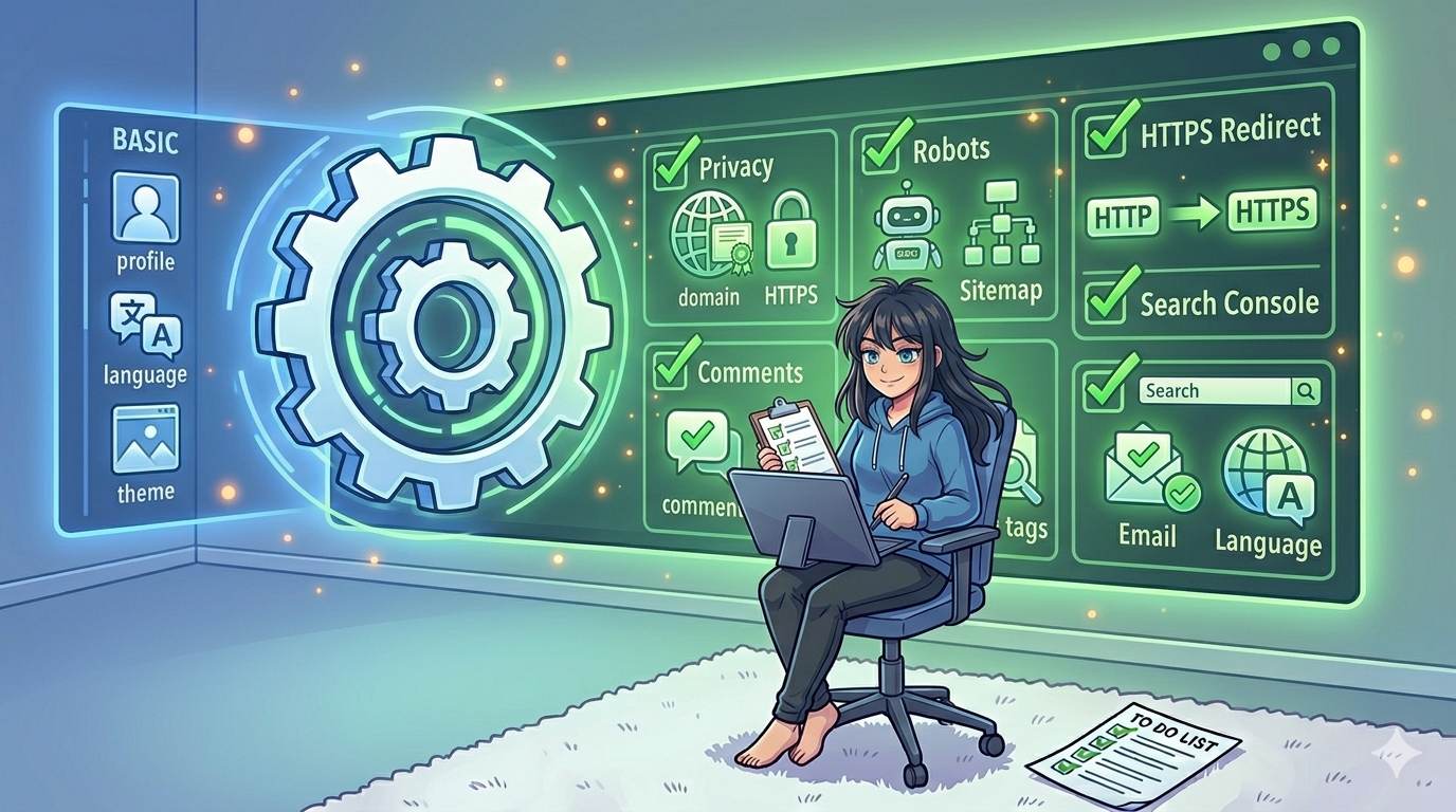 Anime style 12‑item checklist with icons – complete Blogger settings checklist for beginners