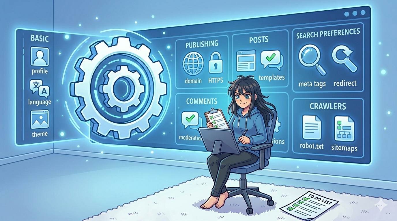 Anime style Blogger settings dashboard with labeled sections – what are Blogger settings