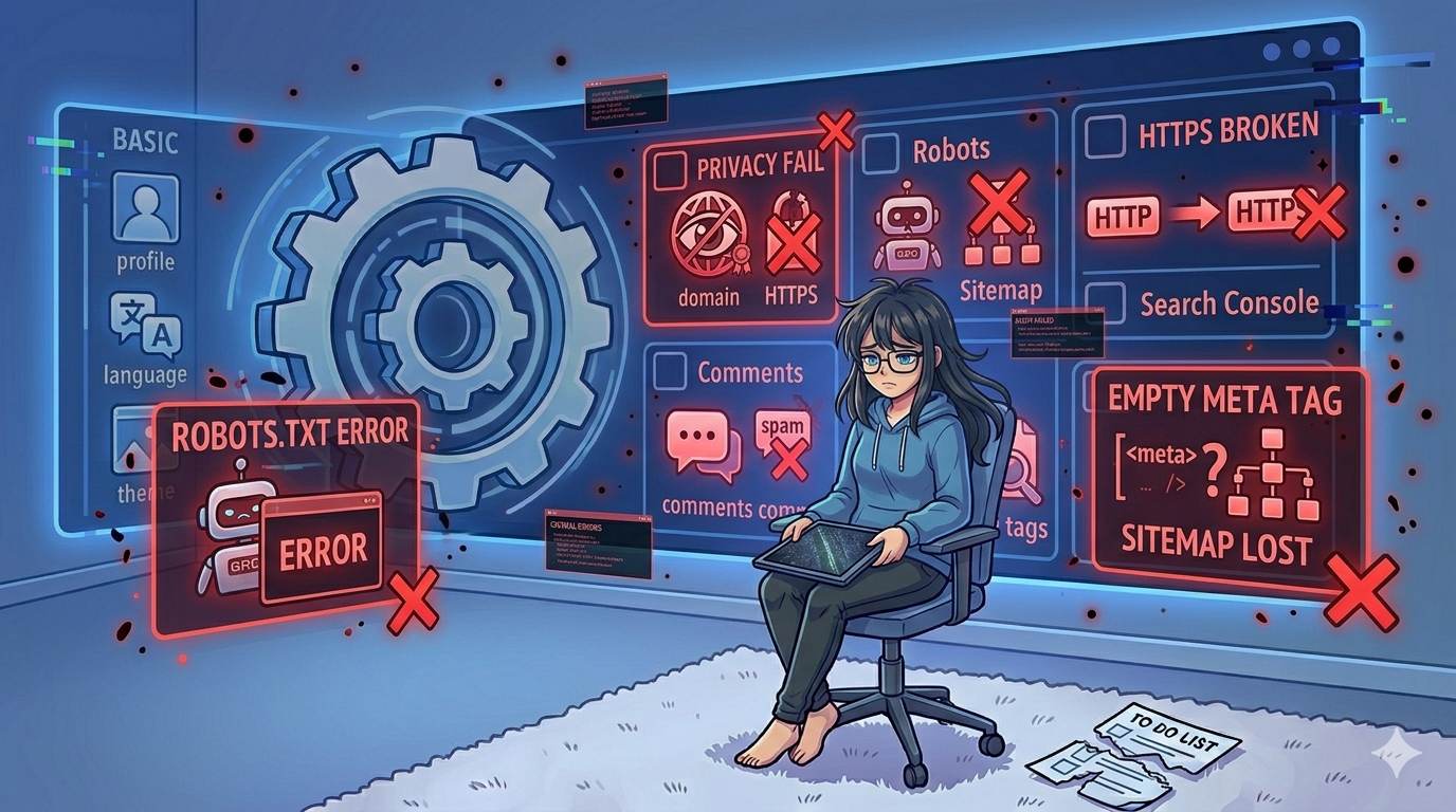 Anime sad blogger with warning icons – common Blogger settings mistakes to avoid