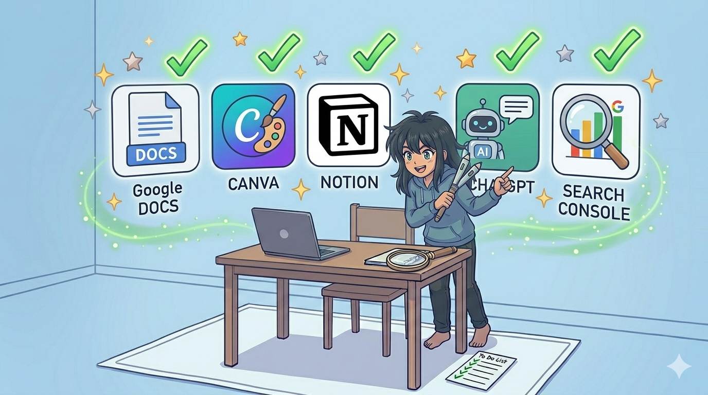 Anime style character pointing at free tools – essential tools for new bloggers