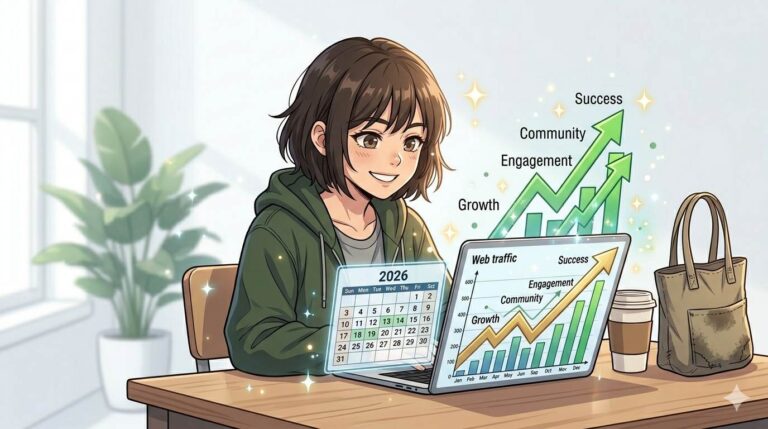 Anime style confident beginner blogger with laptop and 2026 calendar – blogging 101 for beginners