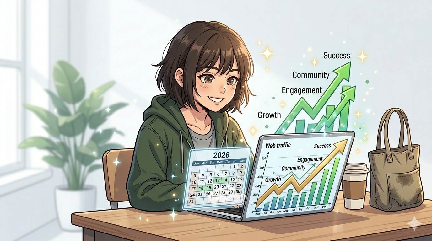 Anime style confident beginner blogger with laptop and 2026 calendar – blogging 101 for beginners