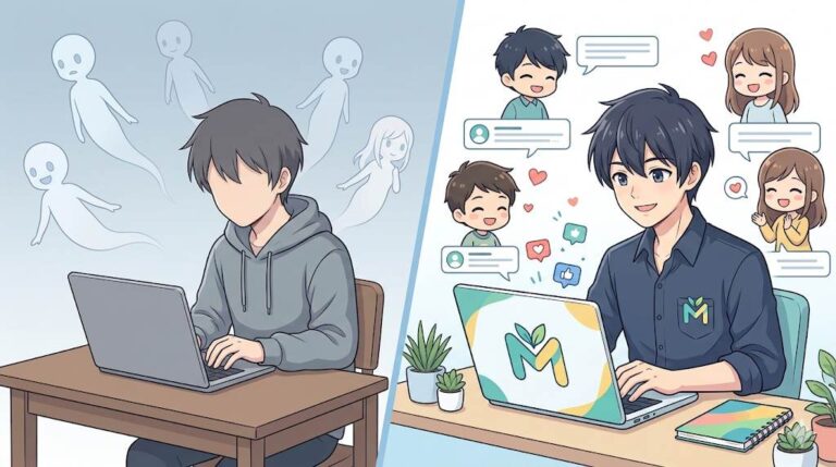 Anime style transformation from faceless blog to recognizable brand with engaged readers.