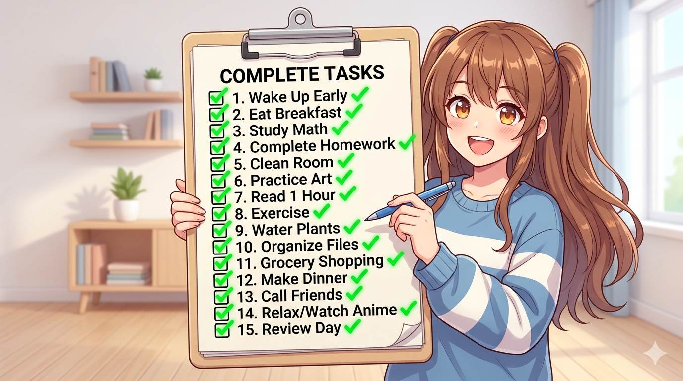 Anime style checklist with 15 green checkmarks – blogging mistakes checklist