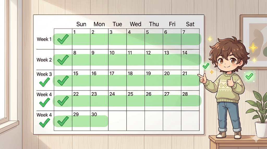 Anime style 30‑day calendar with weekly checkmarks – community growth action plan
