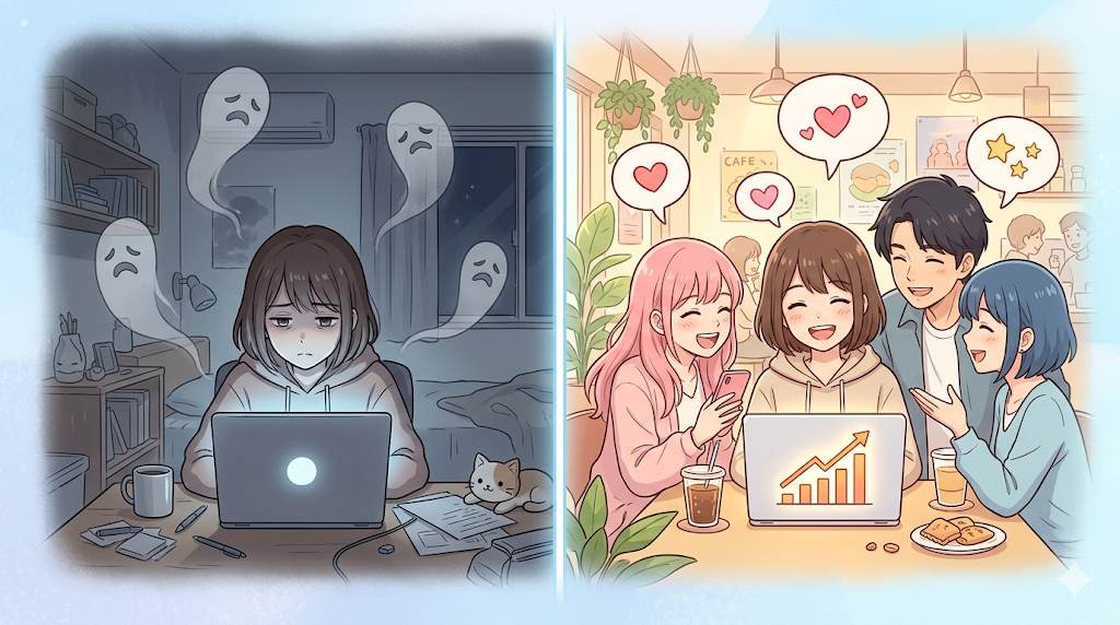 Anime style transformation from lonely blogger to surrounded by supportive friends – blogging community