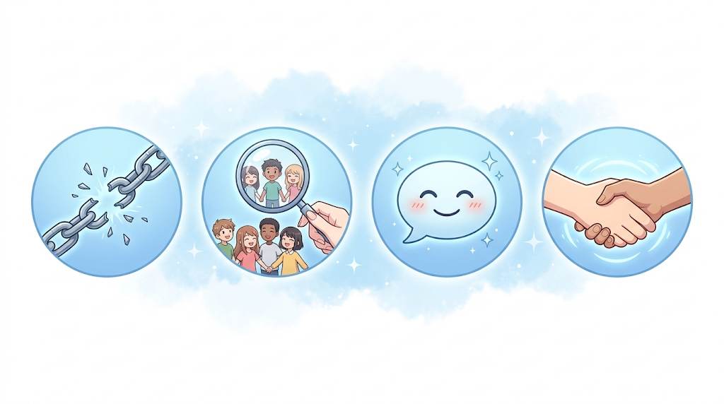 Four flat icons: broken chain, magnifying glass, speech bubble, handshake – 4 stages to build a blogging community