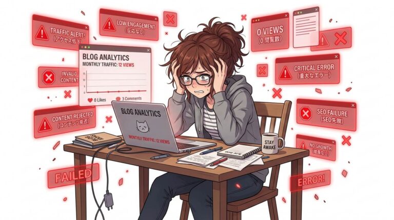 Anime style frustrated beginner blogger with warning signs – blogging mistakes for beginners