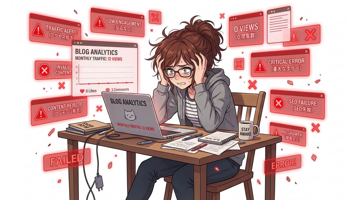 Anime style frustrated beginner blogger with warning signs – blogging mistakes for beginners