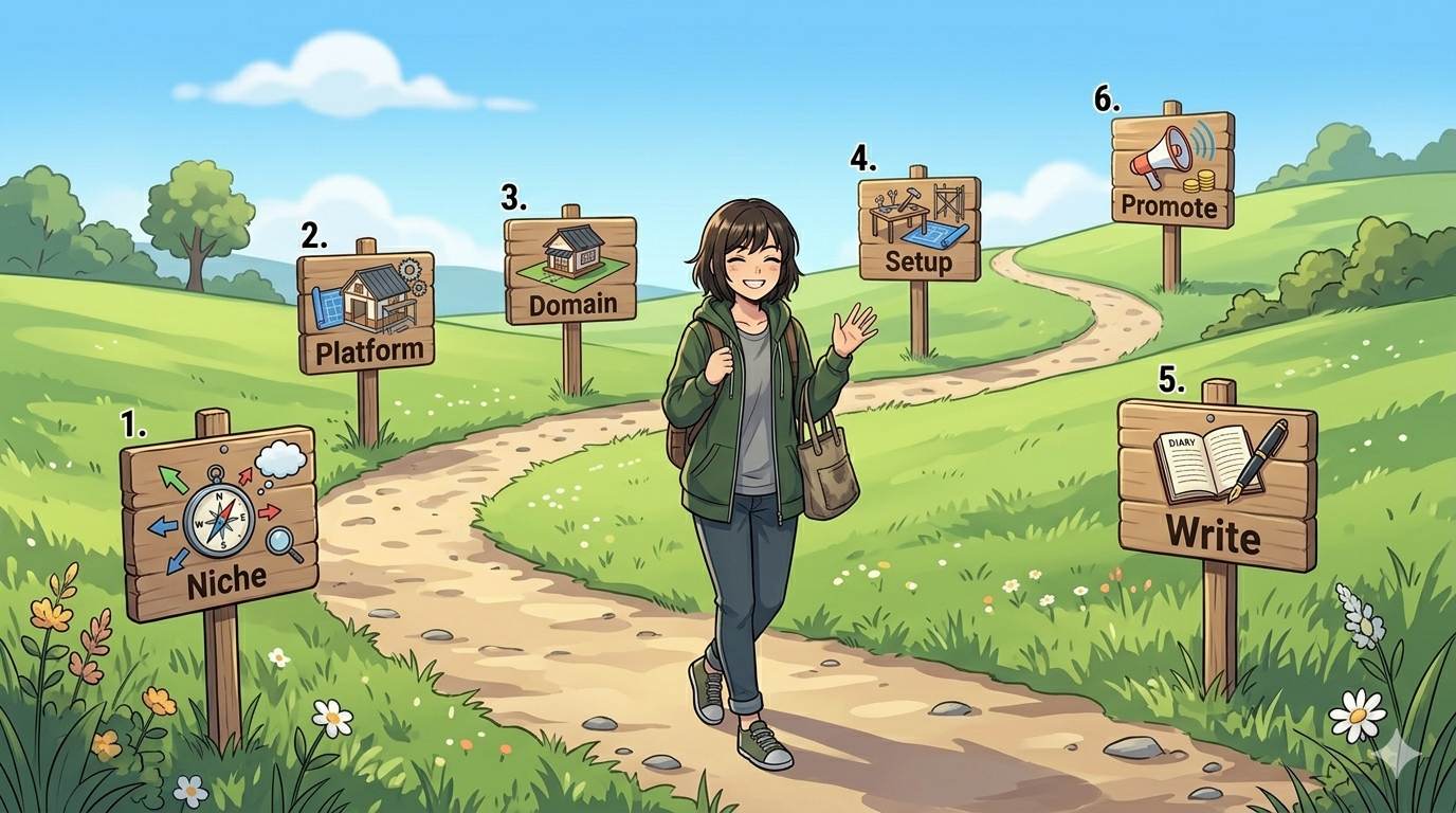 Anime style roadmap with 6 steps – blogging 101 step‑by‑step guide