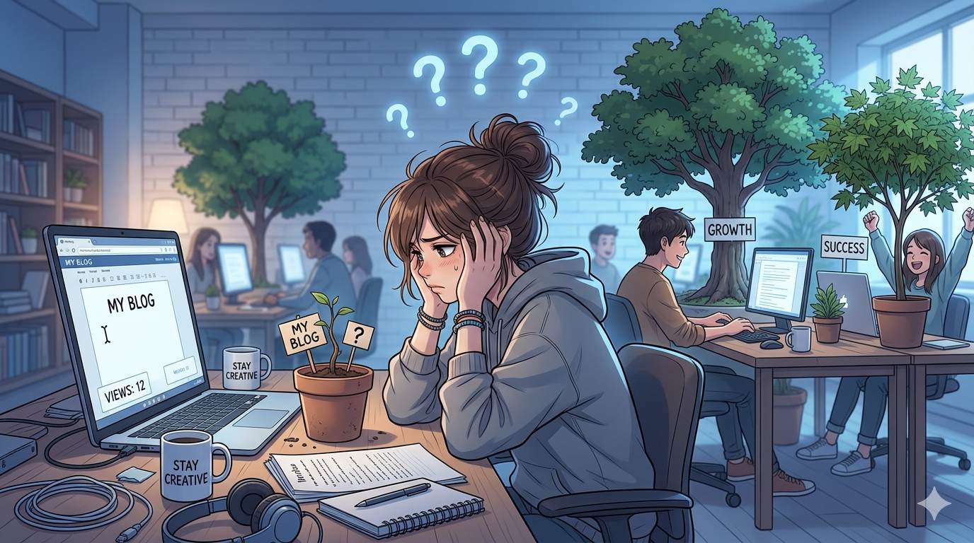 Anime style frustrated blogger with tiny blog growth compared to others – why blog isn't growing