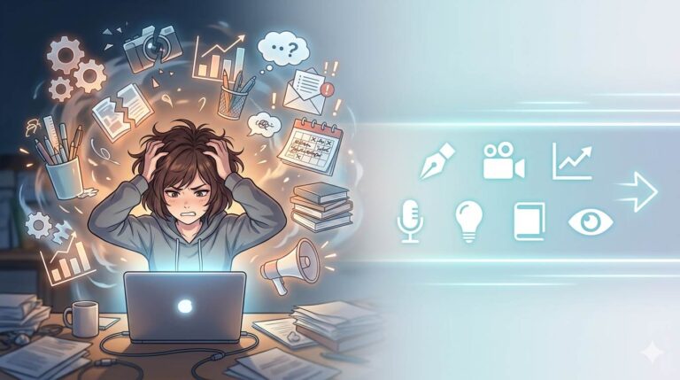 Anime style frustrated blogger with chaotic tools, then 7 simple icons – blogging tools for beginners