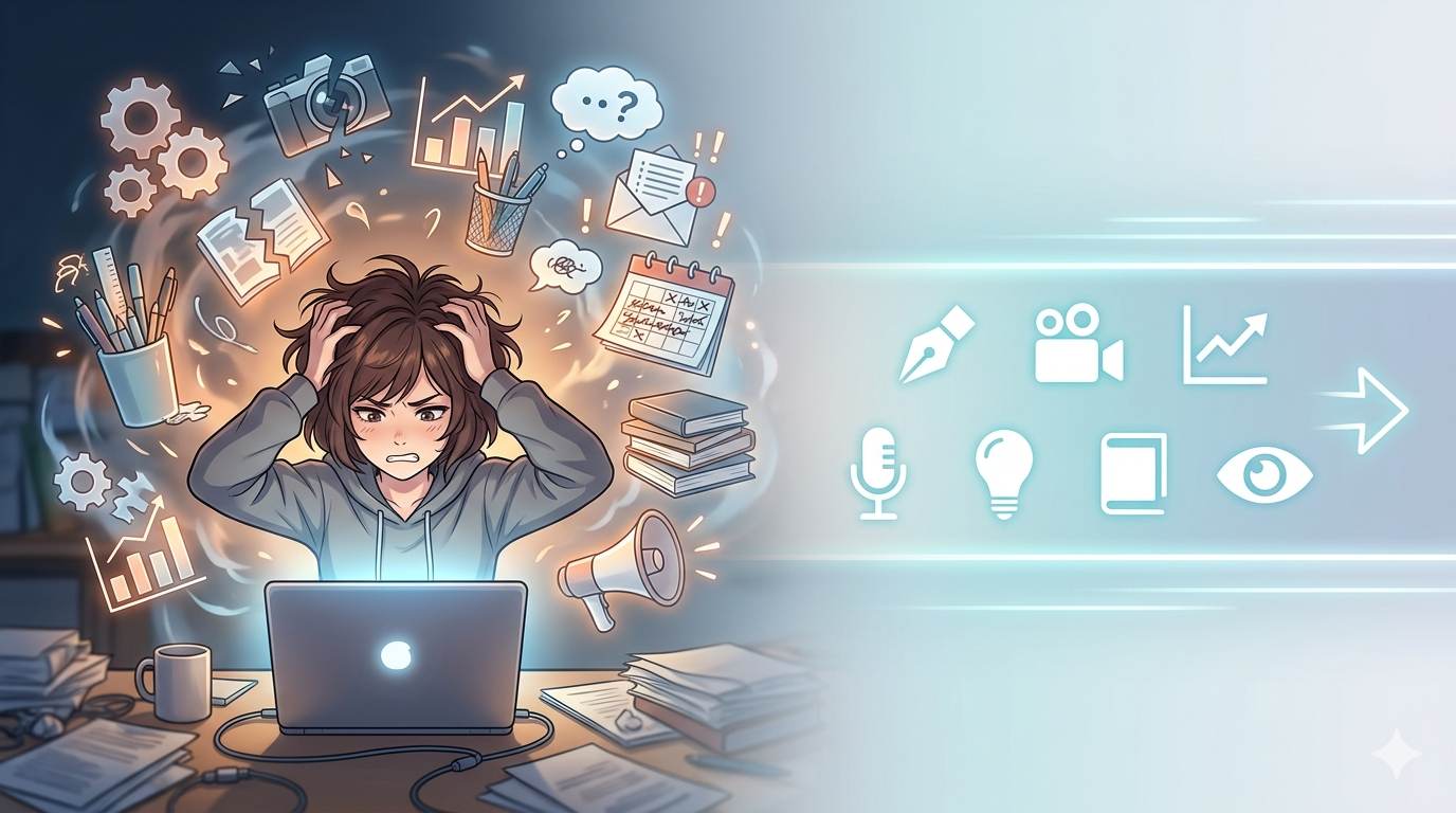 Anime style frustrated blogger with chaotic tools, then 7 simple icons – blogging tools for beginners