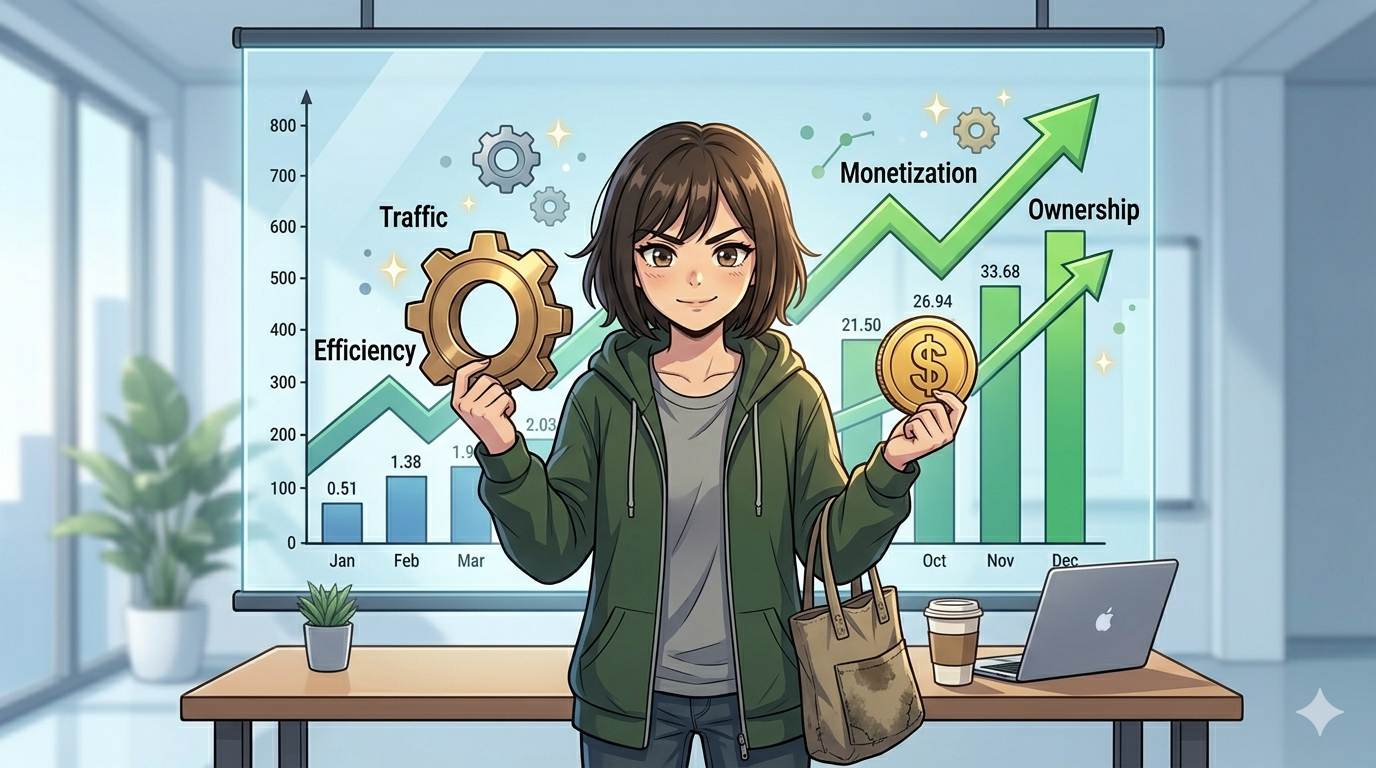 Anime style confident blogger with growth chart and tools – when to choose WordPress for serious blogging