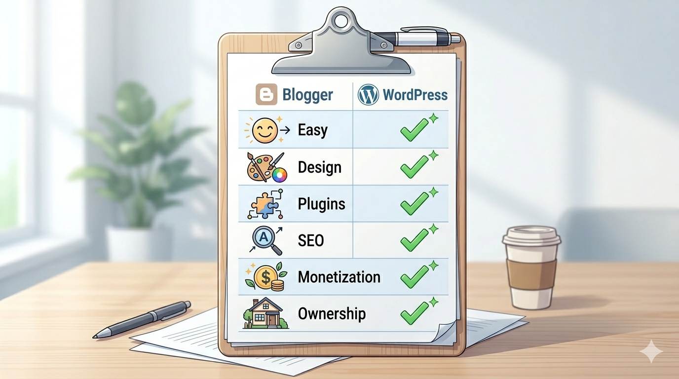 Anime style comparison table with icons – WordPress vs Blogger features compared