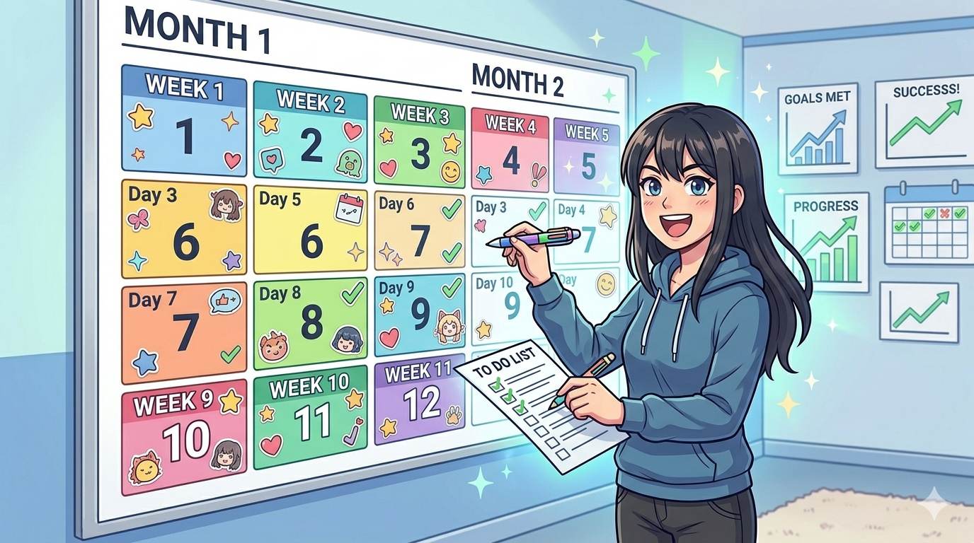 Anime happy blogger with 90-day wall calendar β content calendar for blog strategy