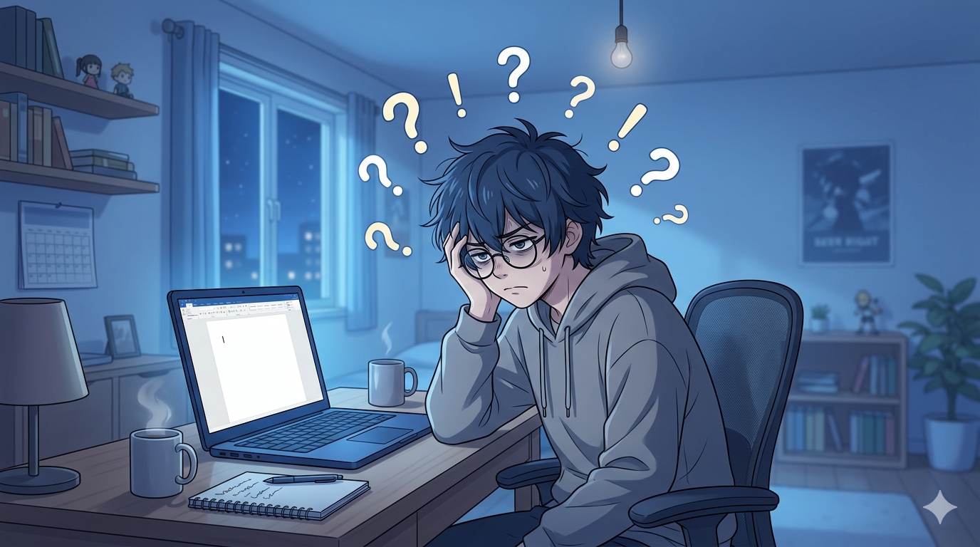 Anime style frustrated blogger staring at blank screen – content ideation struggles