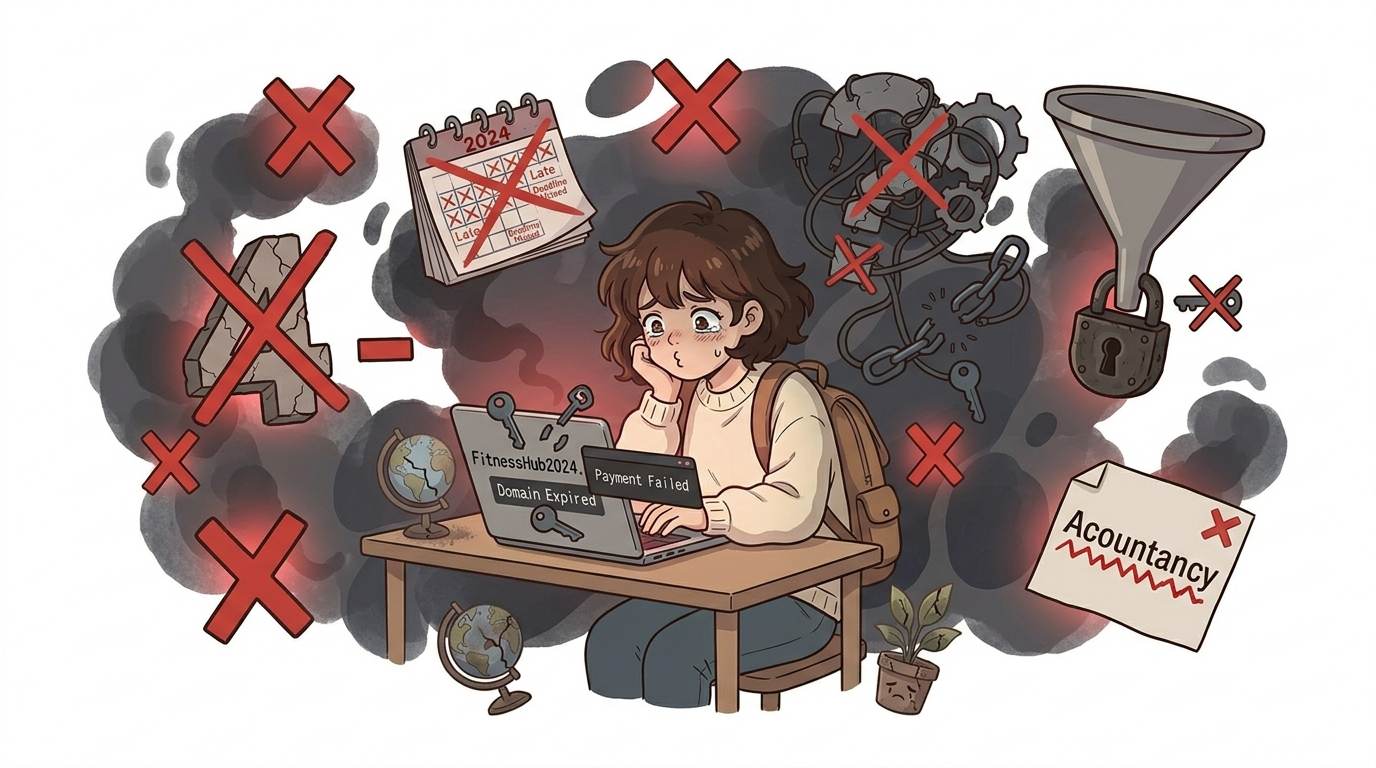 Anime style stressed blogger with warning icons showing costly domain mistakes – what to avoid